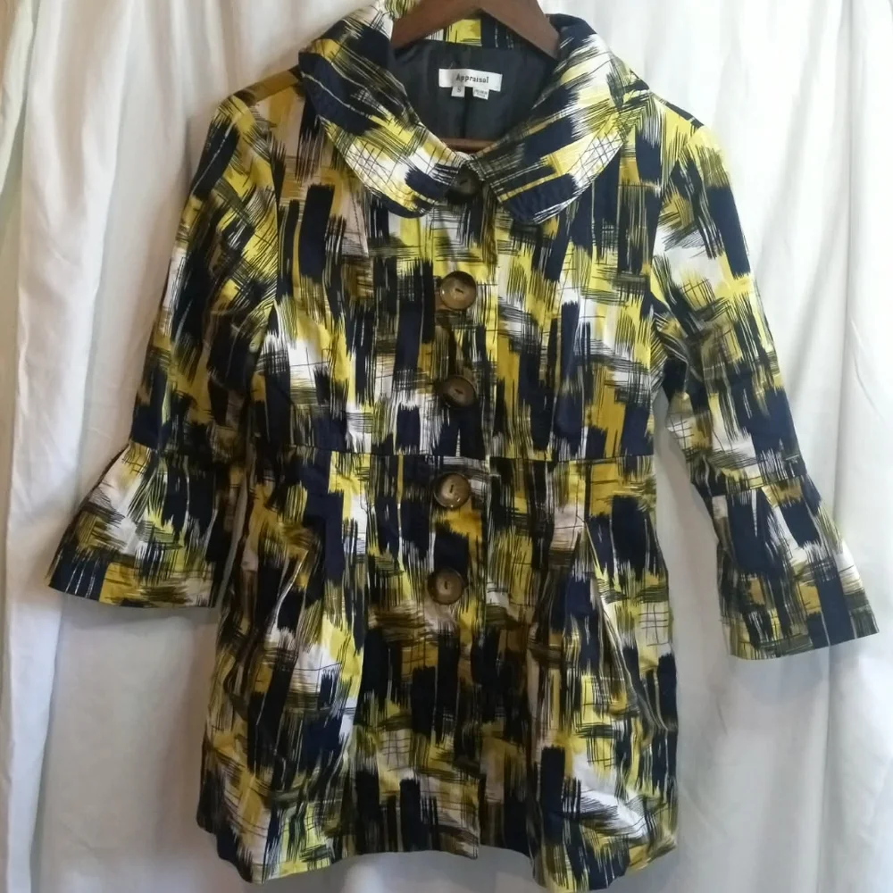 Appraisal Brushstroke Yellow Black White Short Trench Coat Mad Men Office Casual - Picture 1 of 10
